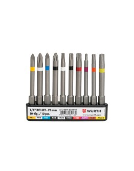 Комплект бит накрайник PH, PZ, T, AW 1/4 L70 mm 10 части - WURTH