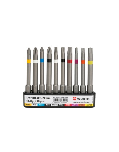 Комплект бит накрайник PH, PZ, T, AW 1/4 L70 mm 10 части - WURTH
